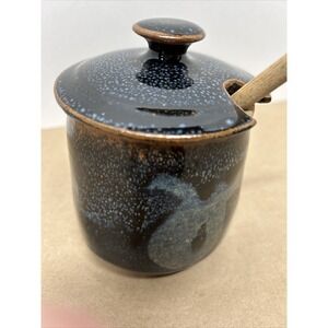 Glazed Blue Ceramic Honey Pot Jar Pottery with Honey Dipper, Goldmark USA